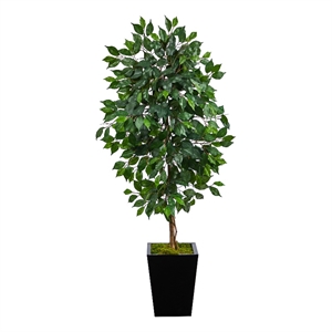 Nearly Natural 5ft Ficus Artificial Tree in Black Metal Planter in Green