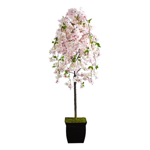 Nearly Natural 70&quot Cherry Blossom Artificial Tree in Black Metal Planter in Pink