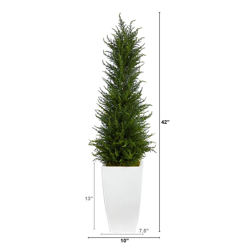 Nearly Natural 3.5ft Cypress Tree in White Metal Planter UV Resistant in Green
