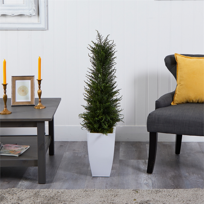 Nearly Natural 3.5ft Cypress Tree in White Metal Planter UV Resistant in Green