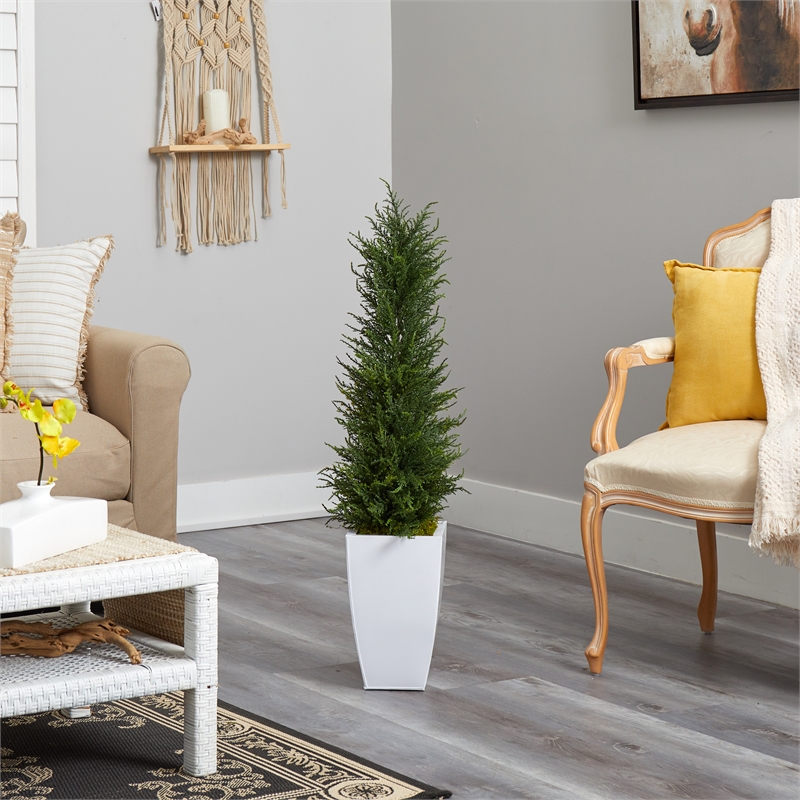 Nearly Natural 3.5ft Cypress Tree in White Metal Planter UV Resistant in Green