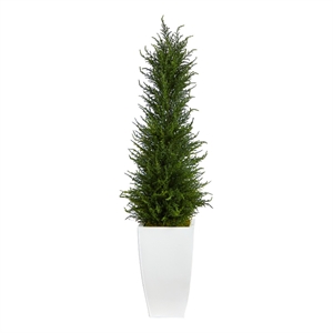 Nearly Natural 3.5ft Cypress Tree in White Metal Planter UV Resistant in Green