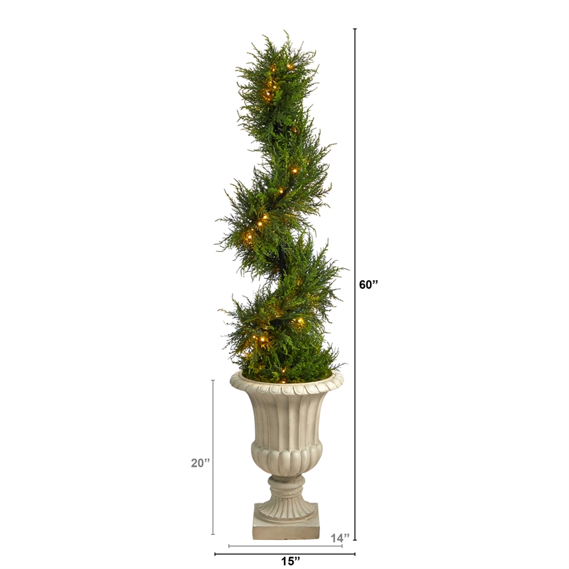 Nearly Natural 5ft Spiral Cypress Tree in Sand Finished Urn w/ 80 Clear LED