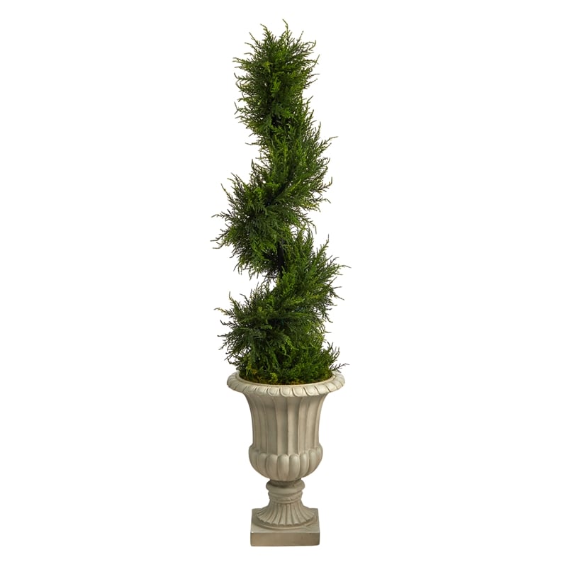 Nearly Natural 5ft Spiral Cypress Tree in Sand Finished Urn w/ 80 Clear LED