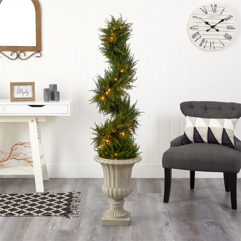 Nearly Natural 5ft Spiral Cypress Tree in Sand Finished Urn w/ 80 Clear LED