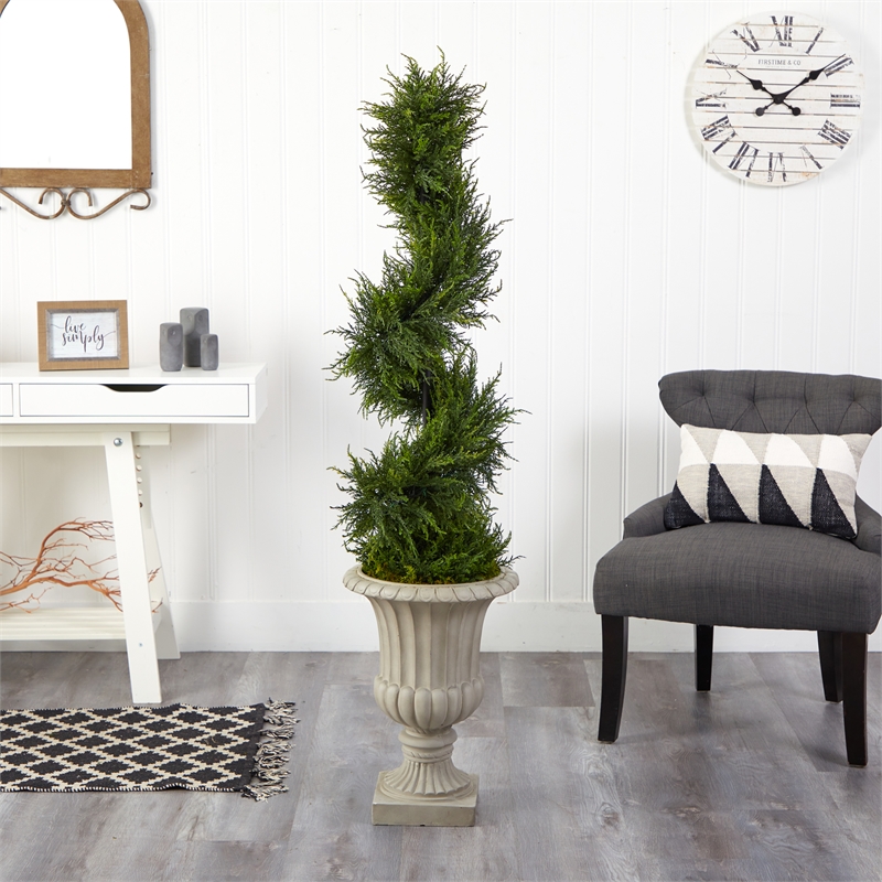 Nearly Natural 5ft Spiral Cypress Tree in Sand Finished Urn w/ 80 Clear LED