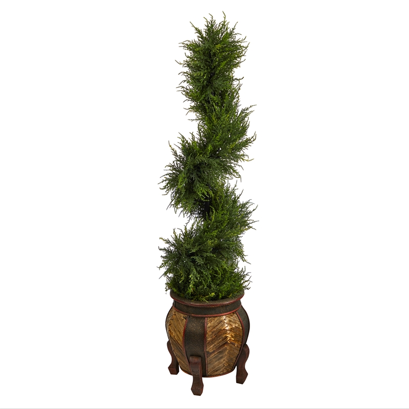 Nearly Natural 4.5ft Spiral Cypress Tree in Planter w/ 80 Clear LED Lights
