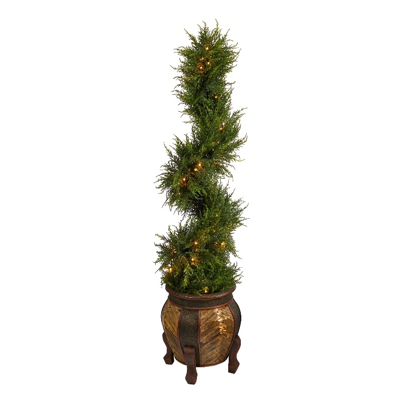 Nearly Natural 4.5ft Spiral Cypress Tree in Planter w/ 80 Clear LED Lights
