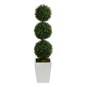 Nearly Natural 46&quot Boxwood Triple Ball Topiary Tree in White Metal Planter