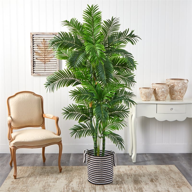 Nearly Natural 6ft Curvy Parlor Palm Tree in Black & White Natural Jute & Cotton