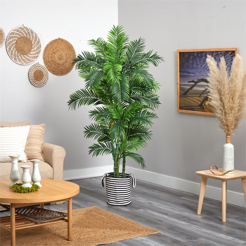 Nearly Natural 6ft Curvy Parlor Palm Tree in Black & White Natural Jute & Cotton