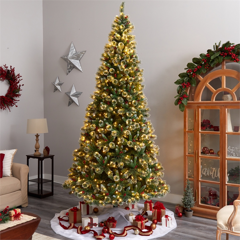 Nearly Natural 10ft Frosted Swiss Pine Christmas Tree w/ 850 Clear LED Lights
