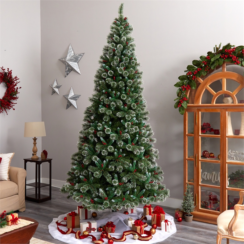 Nearly Natural 10ft Frosted Swiss Pine Christmas Tree w/ 850 Clear LED Lights