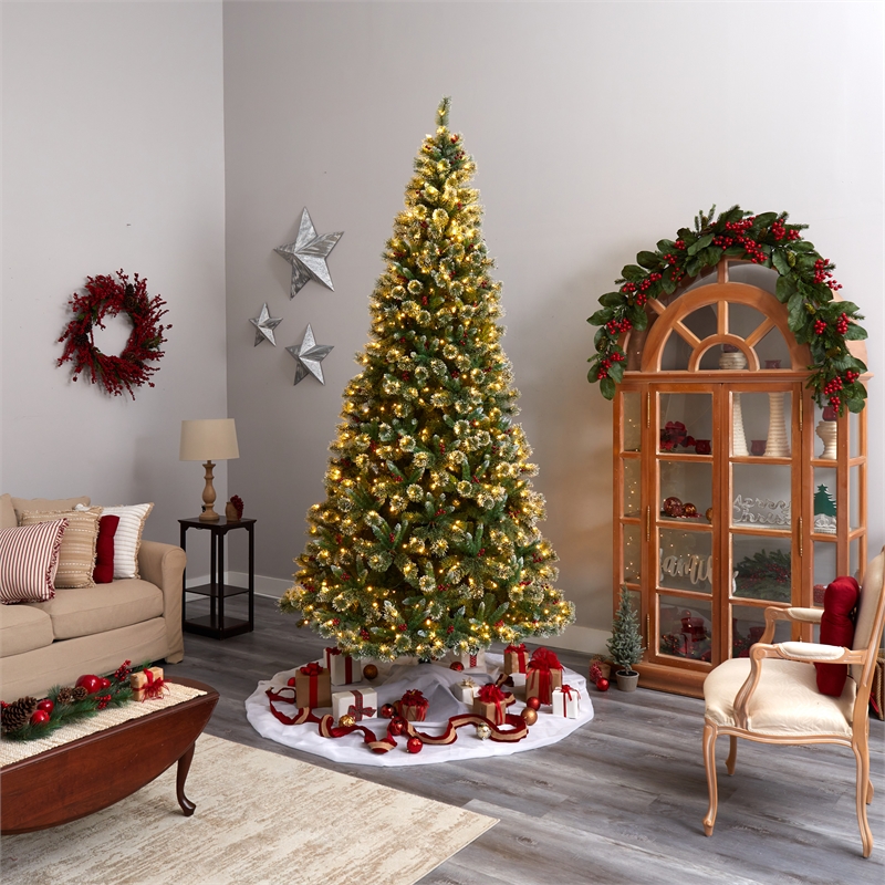 Nearly Natural 10ft Frosted Swiss Pine Christmas Tree w/ 850 Clear LED Lights