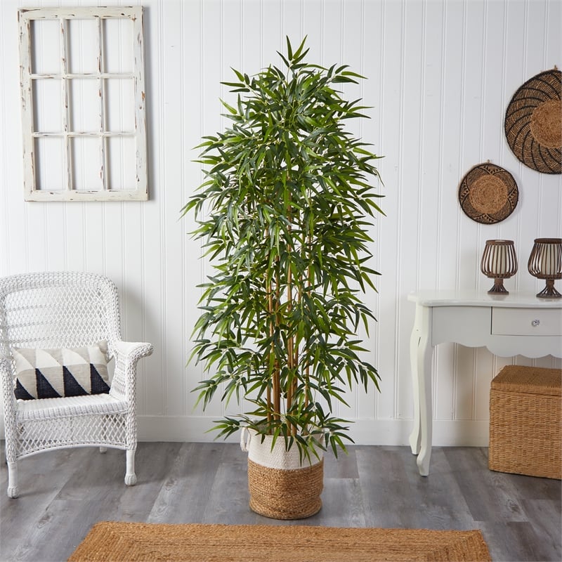 Nearly Natural 6ft Artificial Bamboo Tree with Handmade Jute & Cotton Basket