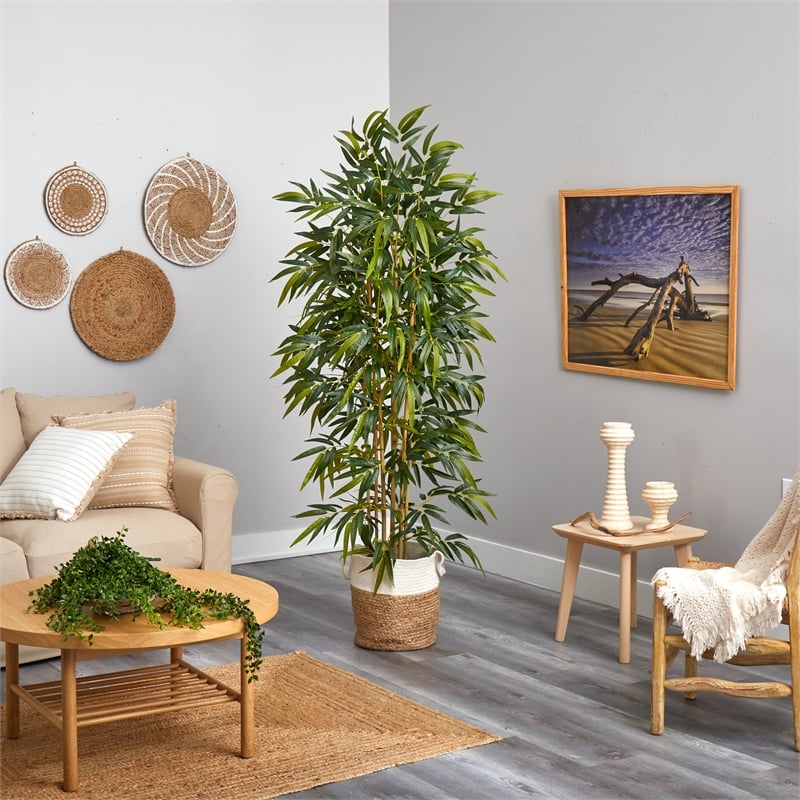 Nearly Natural 6ft Artificial Bamboo Tree with Handmade Jute & Cotton Basket