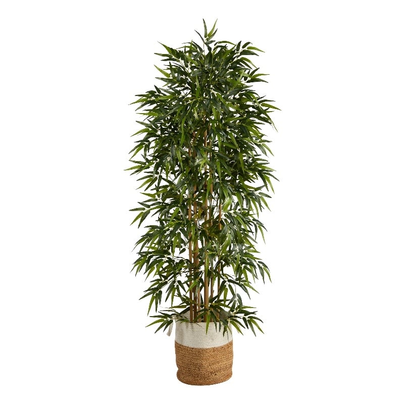 Nearly Natural 6ft Artificial Bamboo Tree with Handmade Jute & Cotton Basket