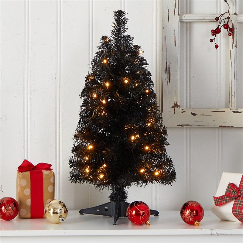 Nearly Natural 2ft Black Christmas Tree w/ 35 LED Lights 72 Bendable Branches