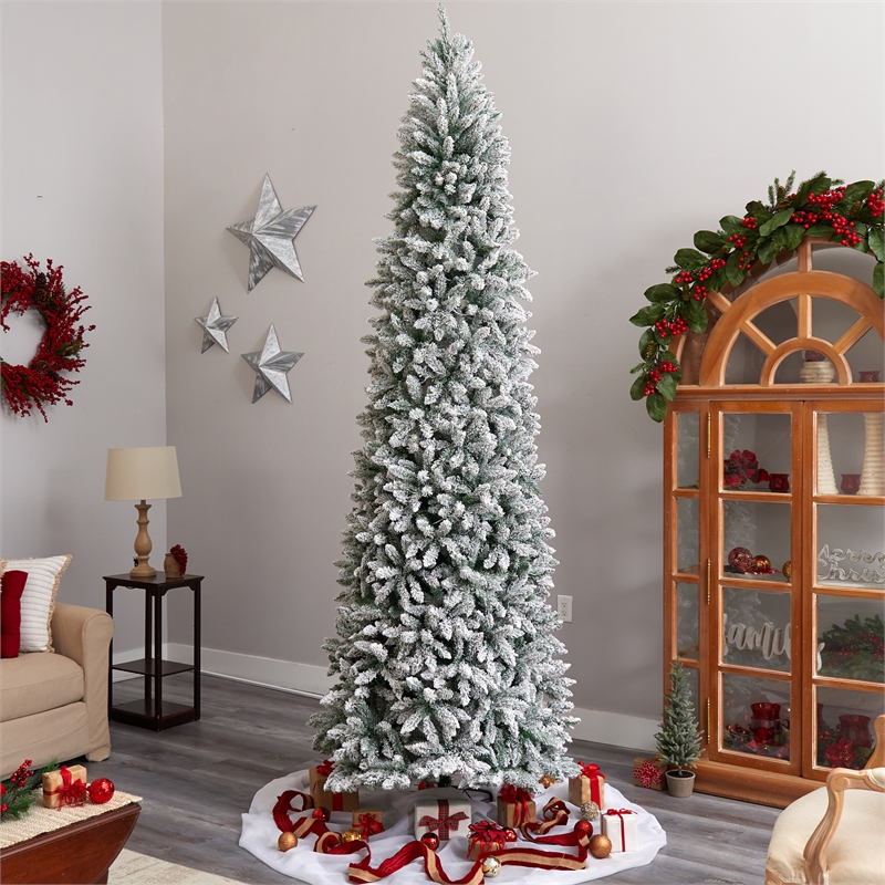 Nearly Natural 10ft Slim Flocked Montreal Fir Christmas Tree w/800 WarmWhite LED