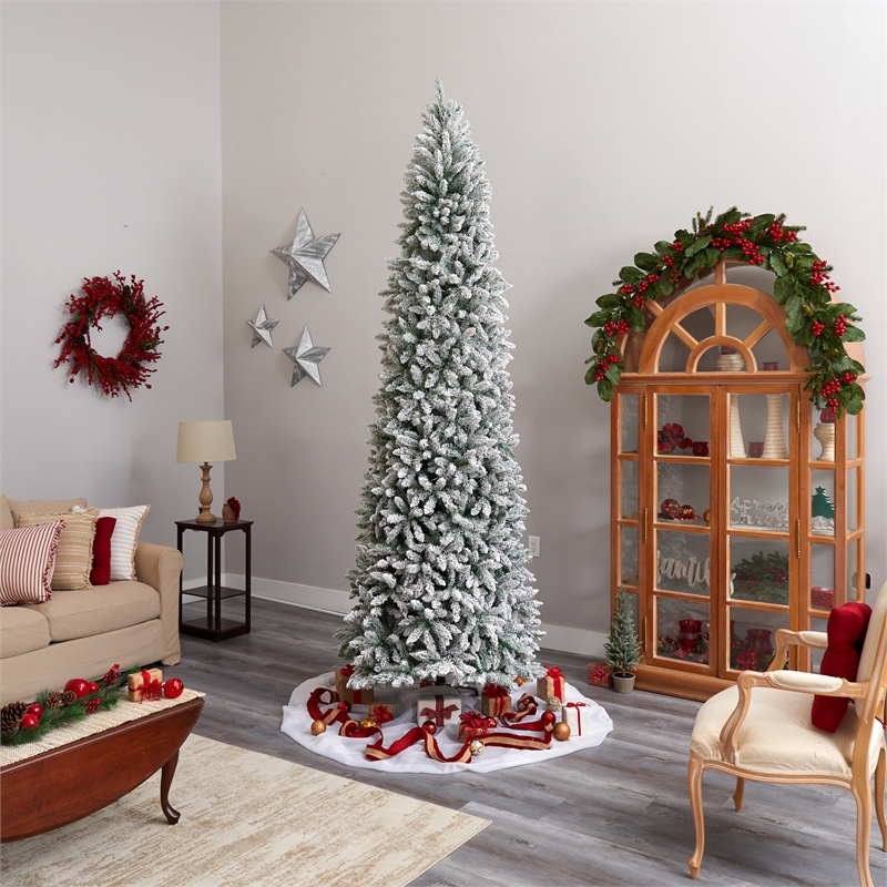 Nearly Natural 10ft Slim Flocked Montreal Fir Christmas Tree w/800 WarmWhite LED
