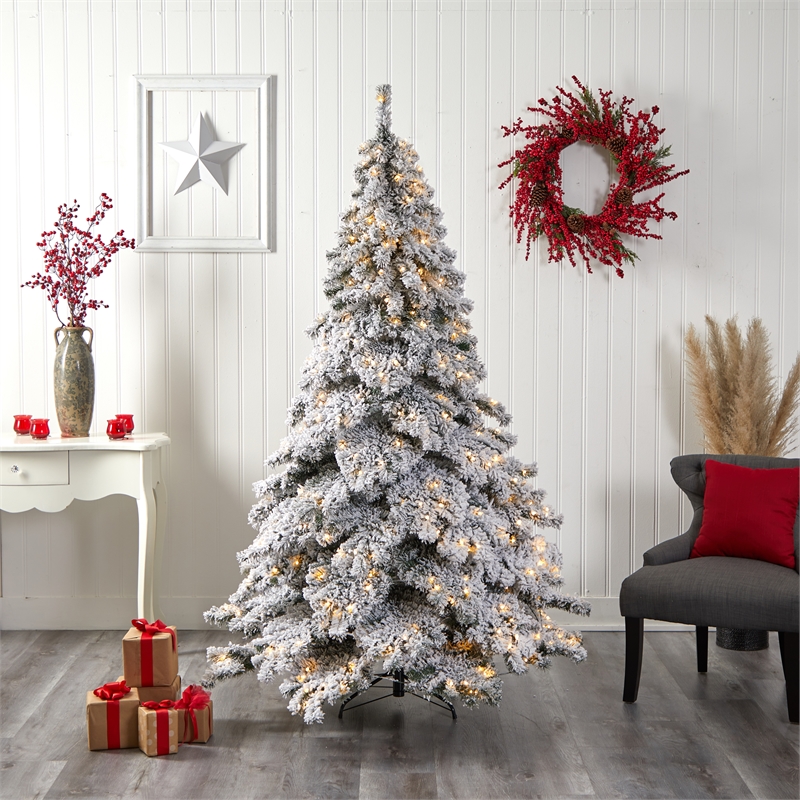 Nearly Natural 7ft Flocked Austria Fir Christmas Tree w/ 400 Warm White LED