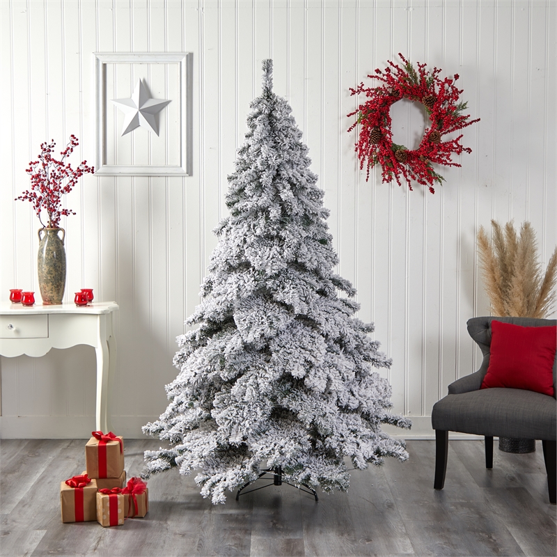 Nearly Natural 7ft Flocked Austria Fir Christmas Tree w/ 400 Warm White LED
