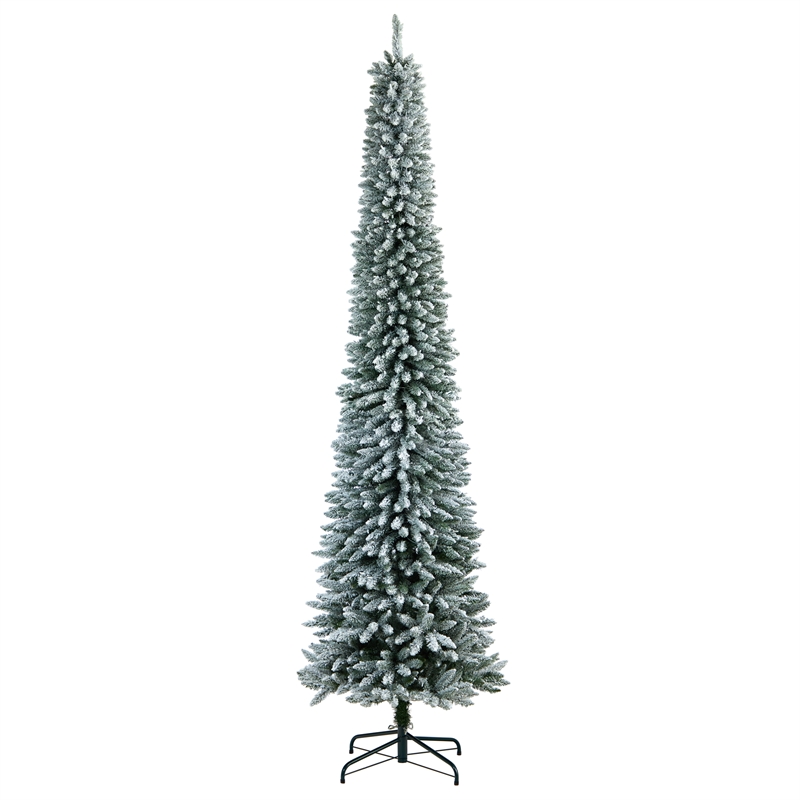 Nearly Natural 10ft Flocked Pencil Christmas Tree w/ 700 Clear Lights
