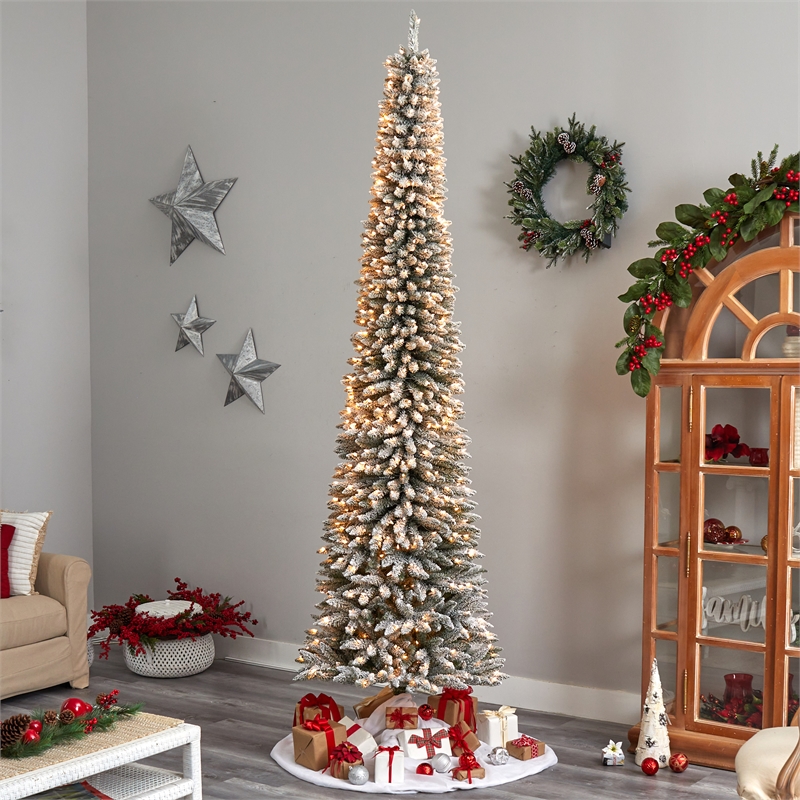 Nearly Natural 10ft Flocked Pencil Christmas Tree w/ 700 Clear Lights