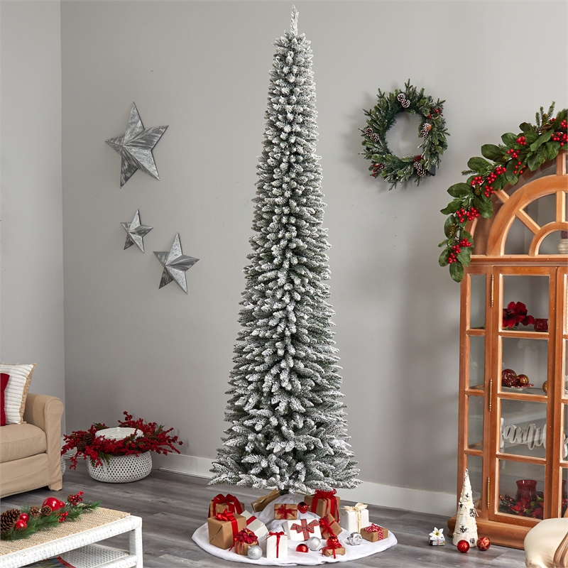 Nearly Natural 10ft Flocked Pencil Christmas Tree w/ 700 Clear Lights