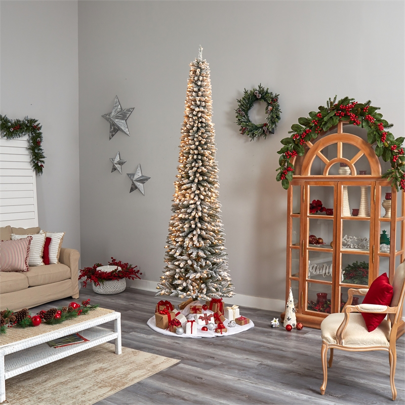 Nearly Natural 10ft Flocked Pencil Christmas Tree w/ 700 Clear Lights