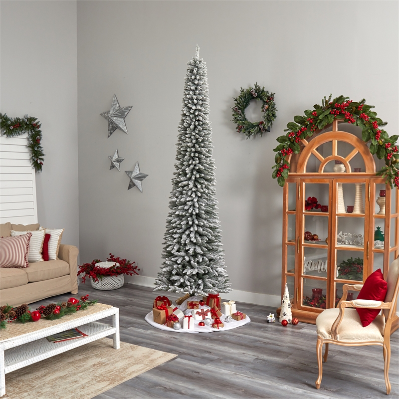 Nearly Natural 10ft Flocked Pencil Christmas Tree w/ 700 Clear Lights