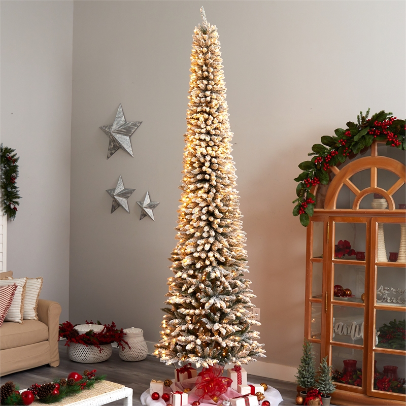 Nearly Natural 11ft Flocked Pencil Christmas Tree w/ 850 Clear Lights