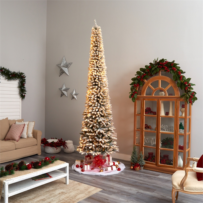 Nearly Natural 11ft Flocked Pencil Christmas Tree w/ 850 Clear Lights