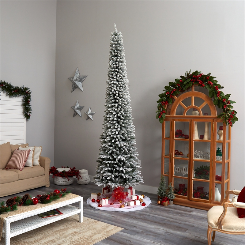 Nearly Natural 11ft Flocked Pencil Christmas Tree w/ 850 Clear Lights