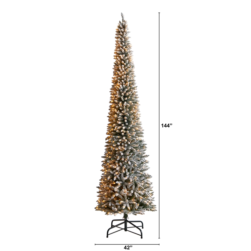 Nearly Natural 12ft Flocked Pencil Christmas Tree w/ 1000 Clear Lights