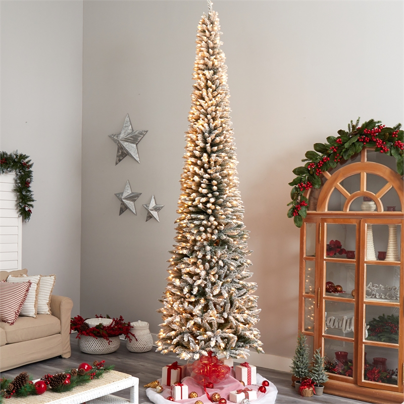 Nearly Natural 12ft Flocked Pencil Christmas Tree w/ 1000 Clear Lights