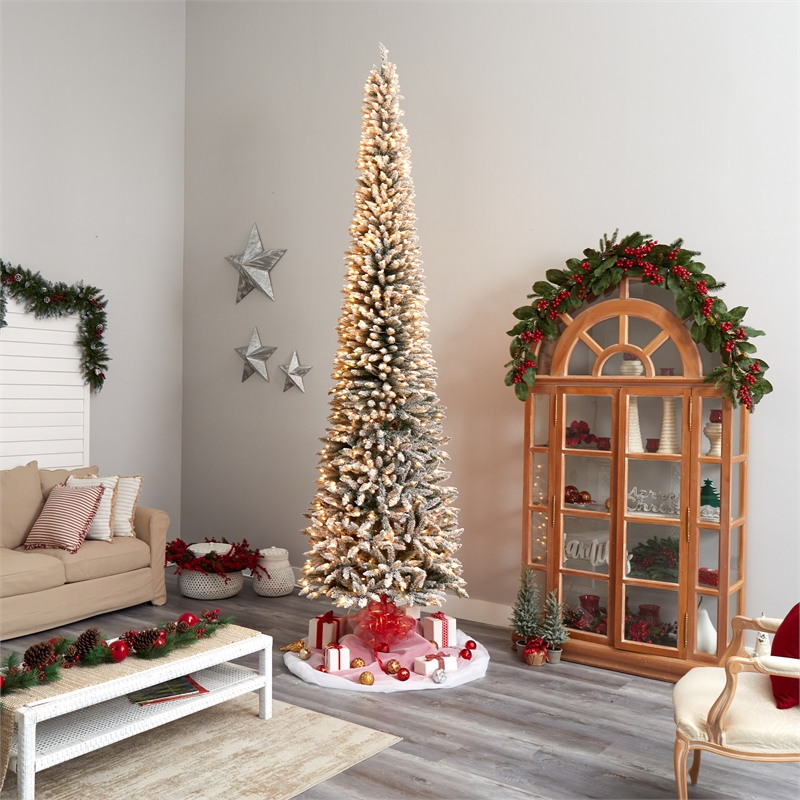 Nearly Natural 12ft Flocked Pencil Christmas Tree w/ 1000 Clear Lights