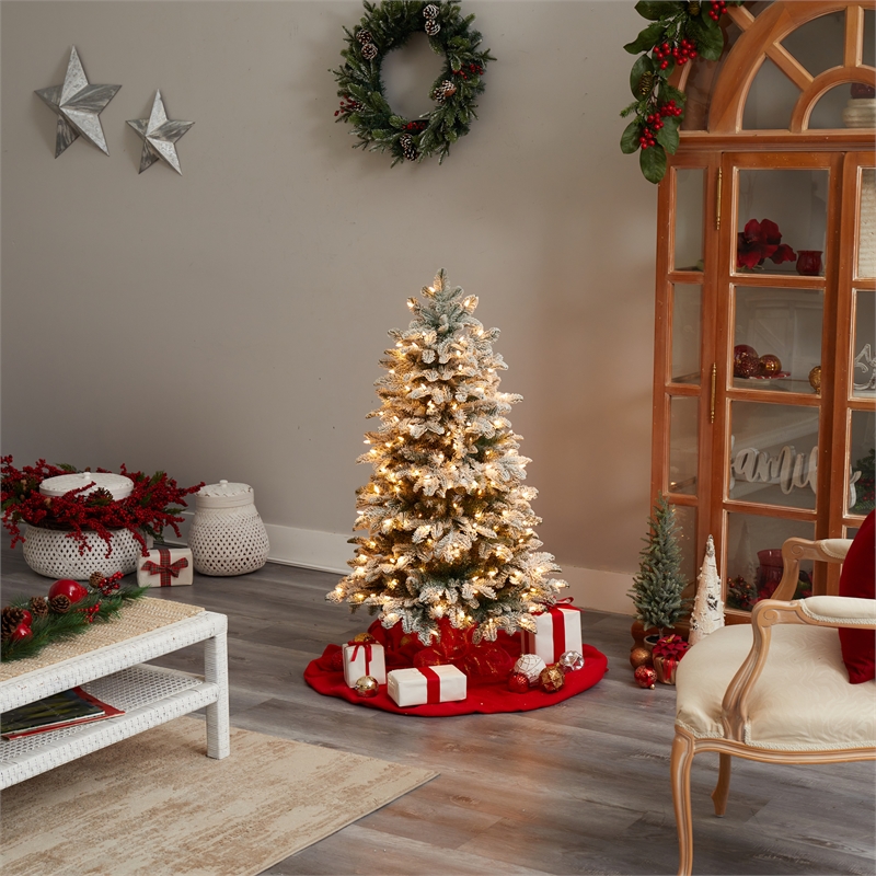 Nearly Natural 4ft Flocked North Carolina Fir Christmas Tree w/ 250 Lights