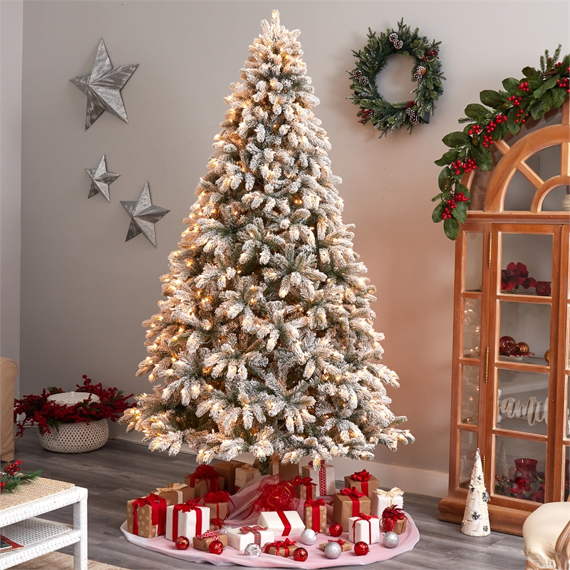 Nearly Natural 9ft Flocked South Carolina Spruce Christmas Tree w/ 850 Clear LED