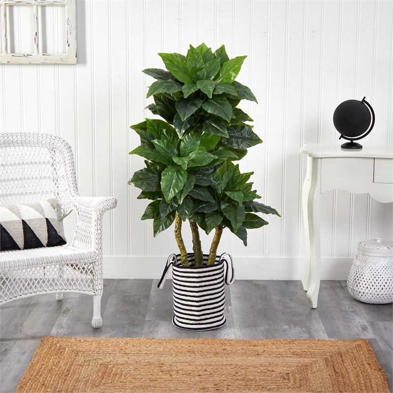 Nearly Natural 5ft Bird Nest Tree in Black & White Natural Jute & Cotton Planter