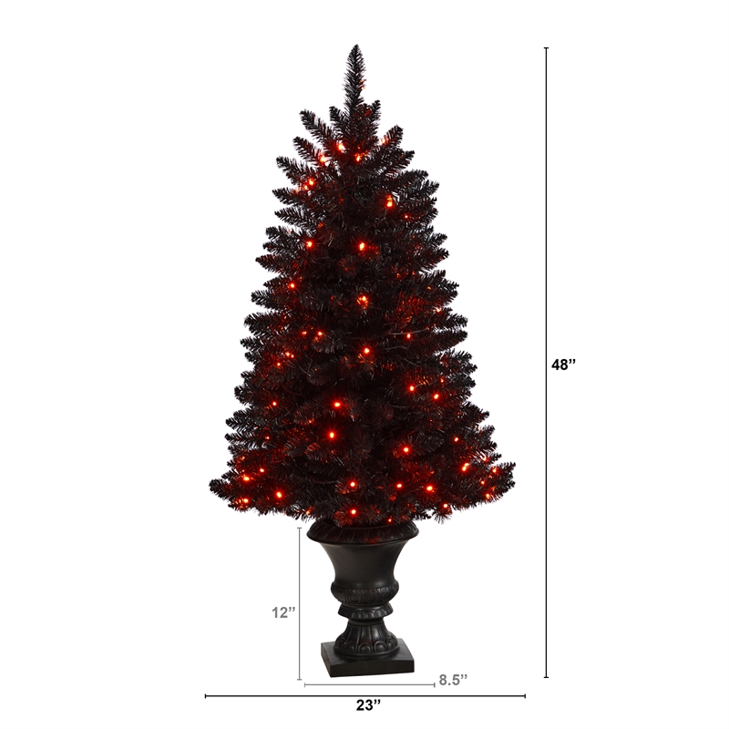 Nearly Natural 4ft Black Halloween Christmas Tree in Urn w/100 Orange LED Lights