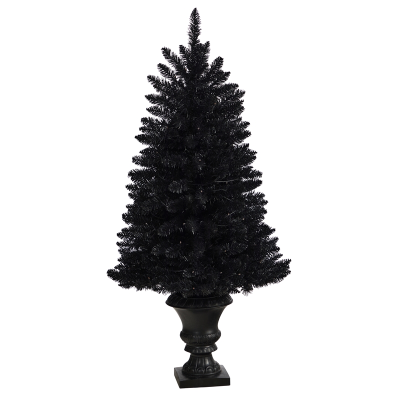 Nearly Natural 4ft Black Halloween Christmas Tree in Urn w/100 Orange LED Lights