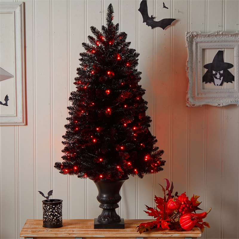 Nearly Natural 4ft Black Halloween Christmas Tree in Urn w/100 Orange LED Lights