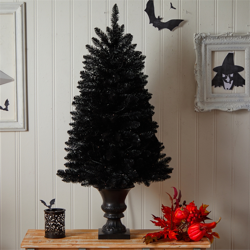 Nearly Natural 4ft Black Halloween Christmas Tree in Urn w/100 Orange LED Lights