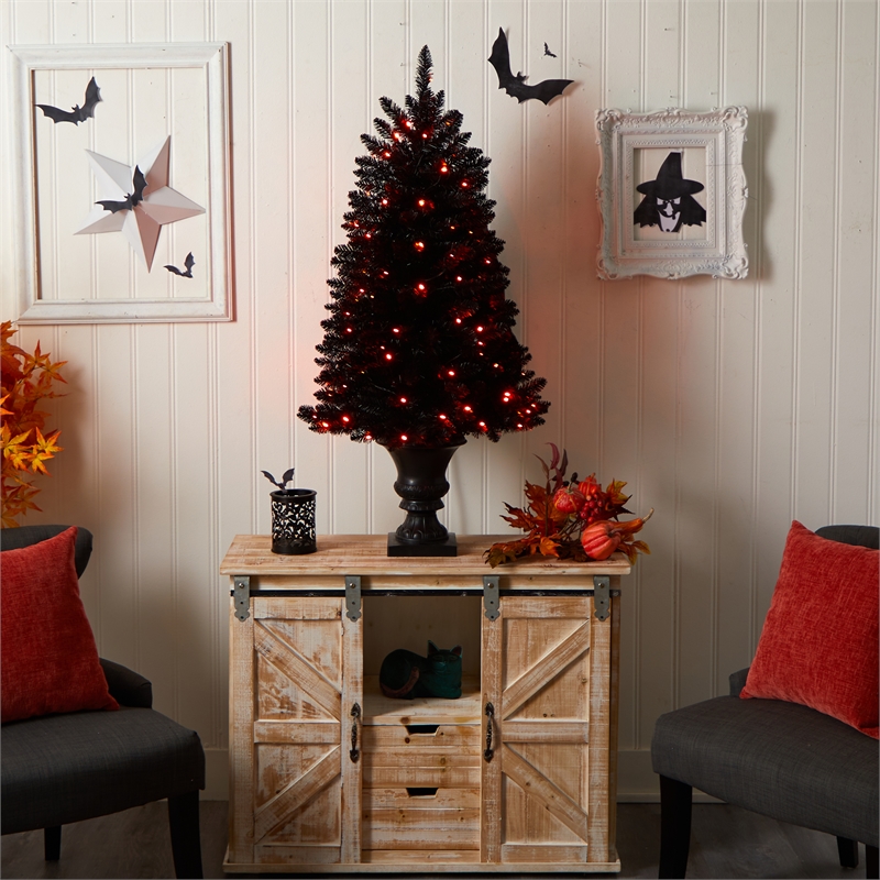 Nearly Natural 4ft Black Halloween Christmas Tree in Urn w/100 Orange LED Lights