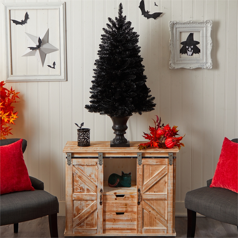 Nearly Natural 4ft Black Halloween Christmas Tree in Urn w/100 Orange LED Lights