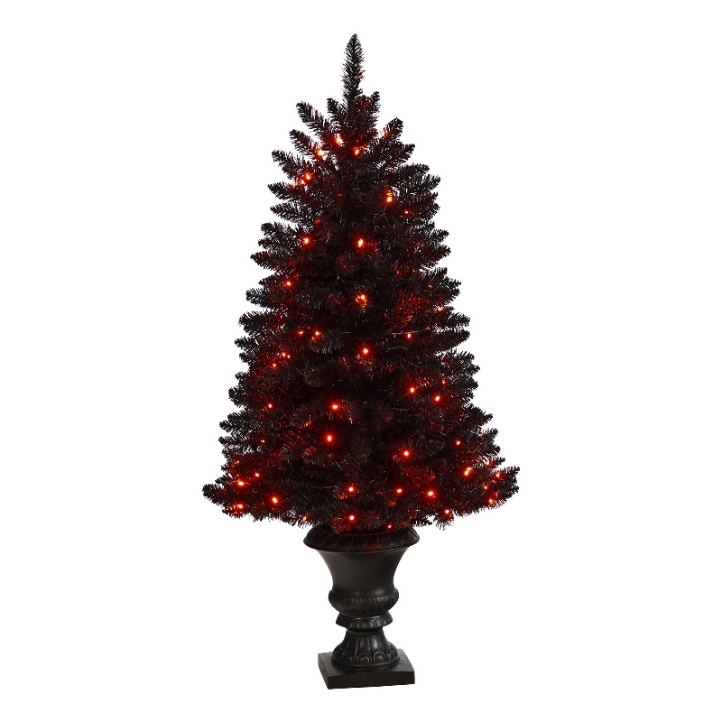 Nearly Natural 4ft Black Halloween Christmas Tree in Urn w/100 Orange LED Lights