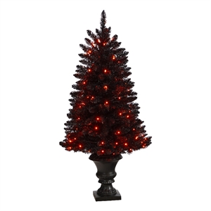 Nearly Natural 4ft Black Halloween Christmas Tree in Urn w/100 Orange LED Lights