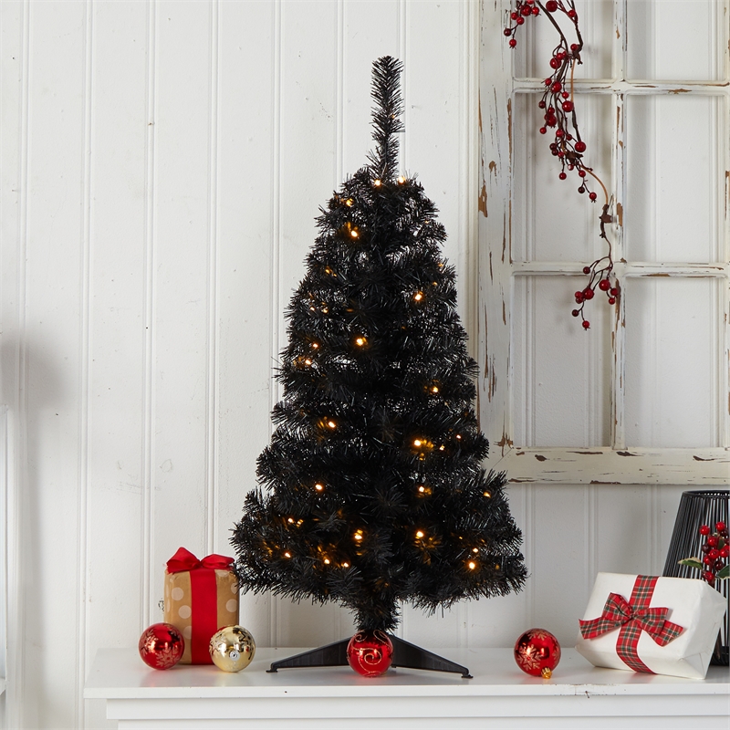 Nearly Natural 3ft Black Christmas Tree w/ 50 LED Lights 118 Bendable Branches