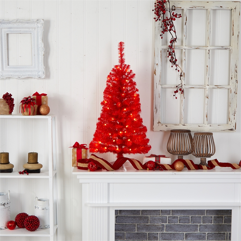 Nearly Natural 3ft Red Artificial Christmas Tree with 50 LED Lights